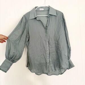 Dref_by_d Size Medium Elegant Blueish Gray Women's Blouse Puff Long Sleeve